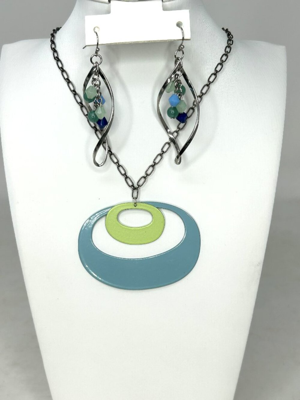 Vintage Modernist Sterling Silver .925 Necklace Blue Green Anodized Aluminum